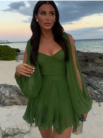 Sexy Green Mesh Mini Dress with Lantern Sleeves, V-Neck