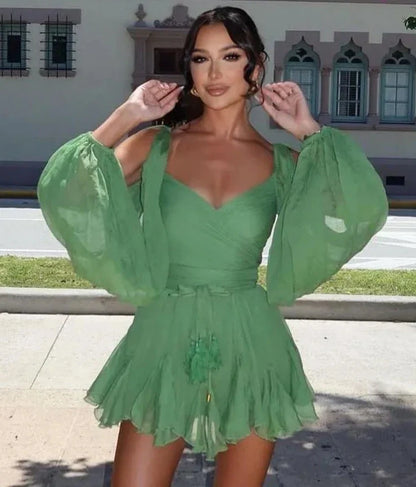 Sexy Green Mesh Mini Dress with Lantern Sleeves, V-Neck