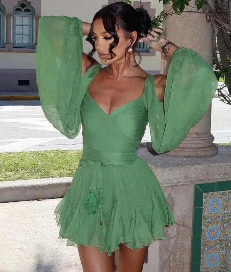 Sexy Green Mesh Mini Dress with Lantern Sleeves, V-Neck