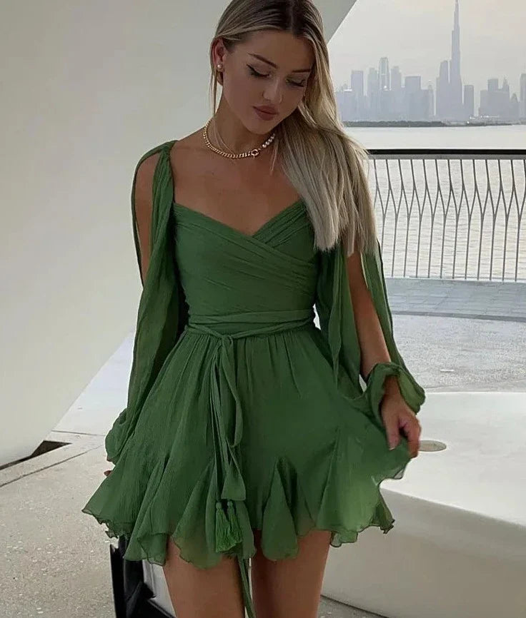 Sexy Green Mesh Mini Dress with Lantern Sleeves, V-Neck